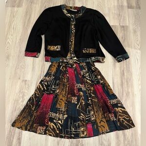 Vintage Black and Multicolor Patterns Sweater Button Down and Skirt Set